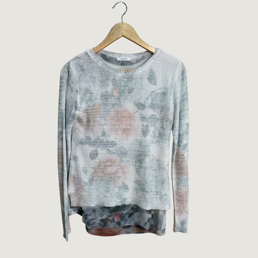 Sioni Women Floral Layered Knit Sweater Split Back Chiffon Hem Grey Pink M FLAWS